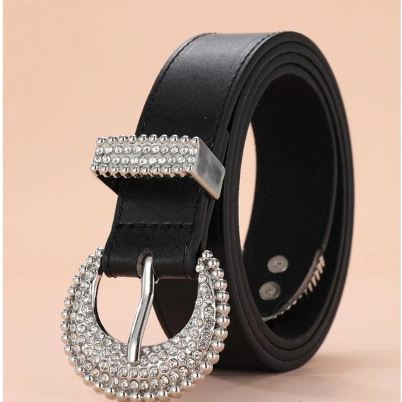 Vegan Black Leather Rhinestone Round Buckle Belt - Picture 4 of 7